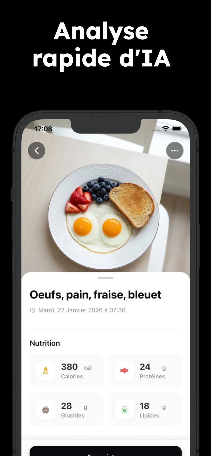 Résultats nutritionnels Mes Cal - Calories et macros d'un repas scanné